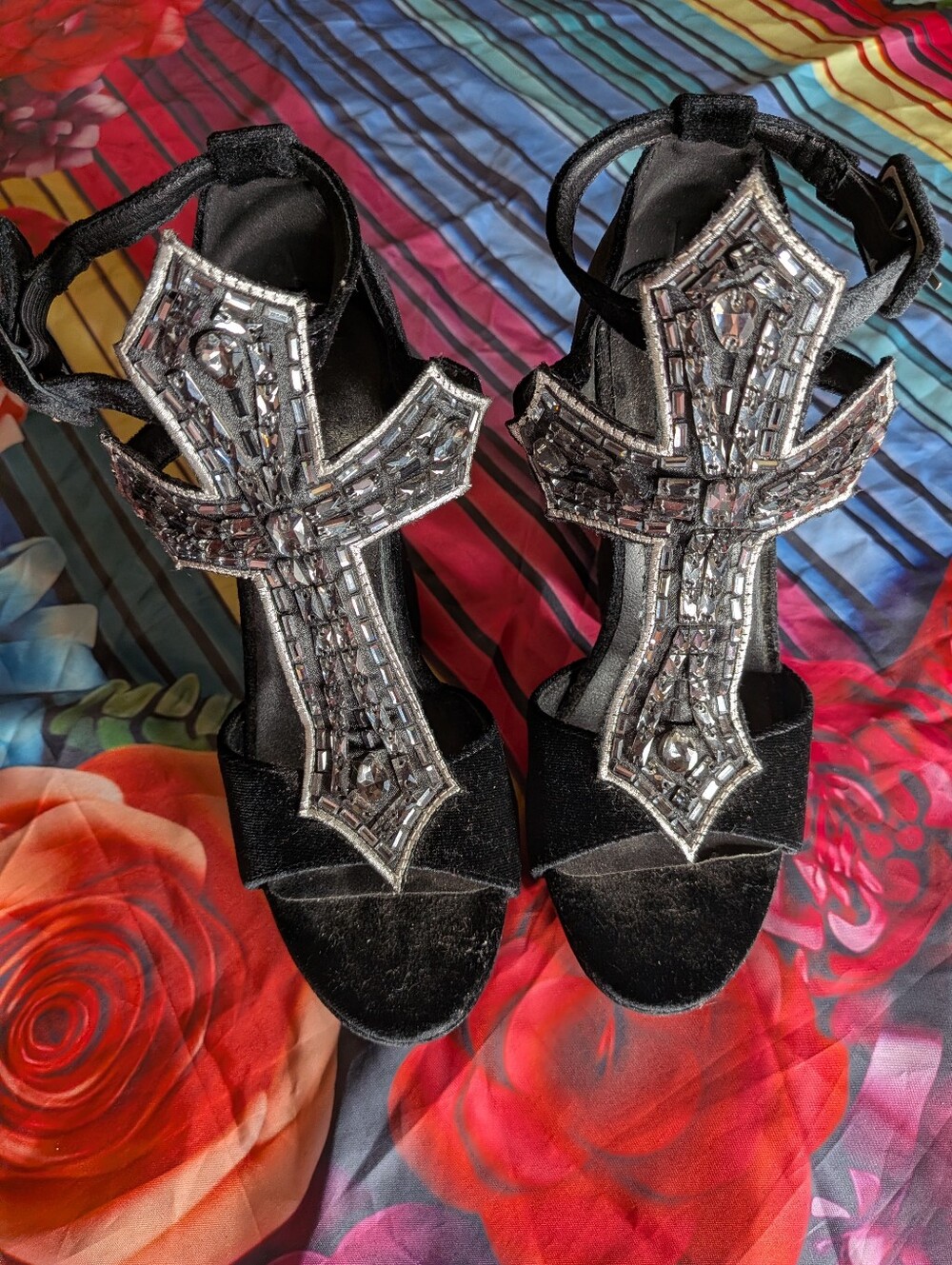 Embellished Black Velvet Cross T-Strap Heels - Widow Dolls Kill Size 9